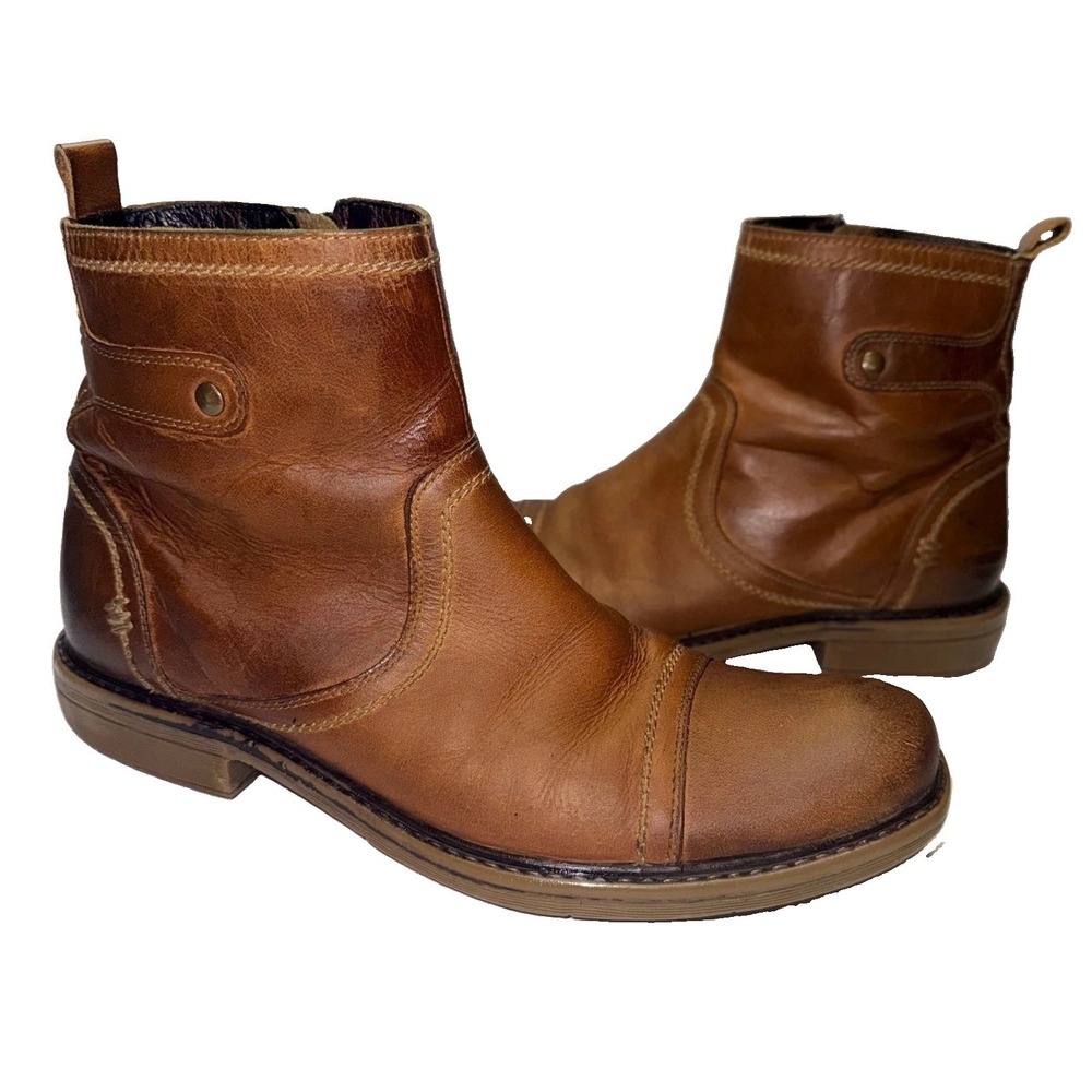 Roan Bed Stu Staad Boot Men Size 9 Tan Leather Cap Toe Side Zip Ankle Boots
